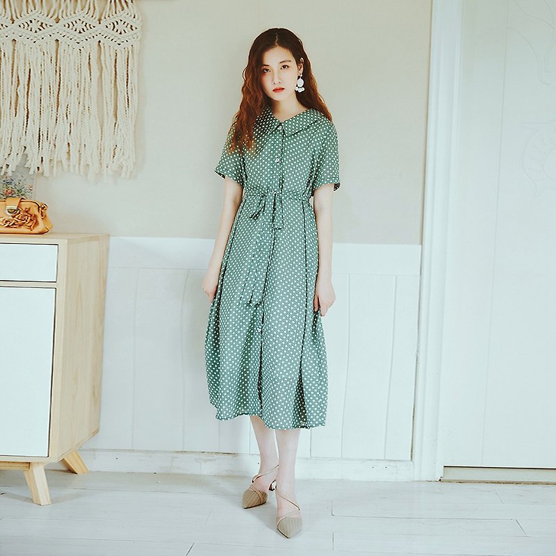 2018夏季新款女裝襯衫式波點連身裙洋裝 - 連身裙 - 其他材質 綠色