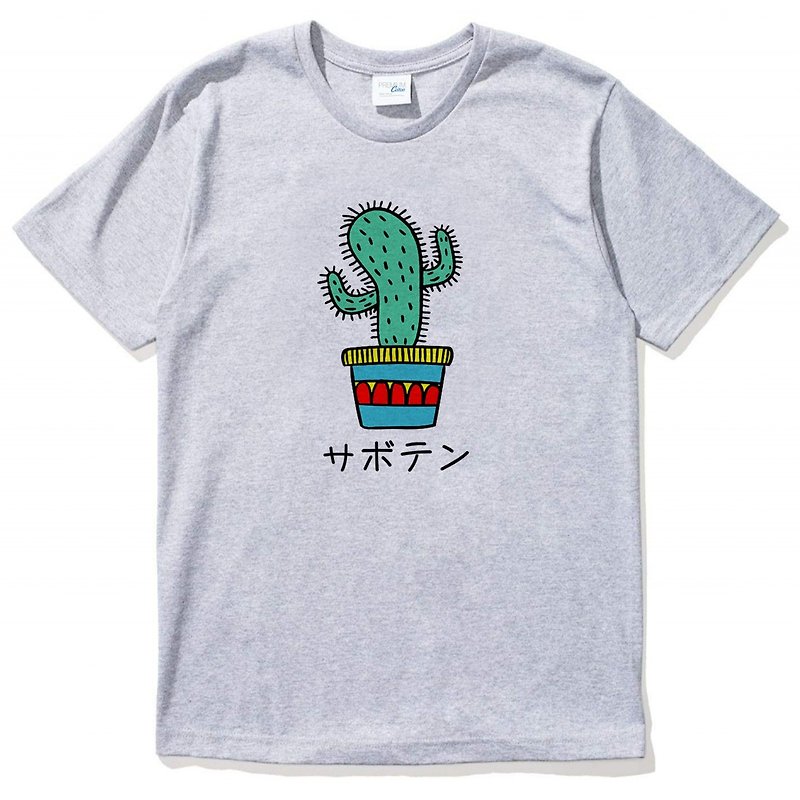 Cactus Japanese Short Sleeve T-shirt Gray Plant Succulent Friends Potted Plant Fresh Healing Creative Planting Wenqing Art - Men's T-Shirts & Tops - Cotton & Hemp Gray