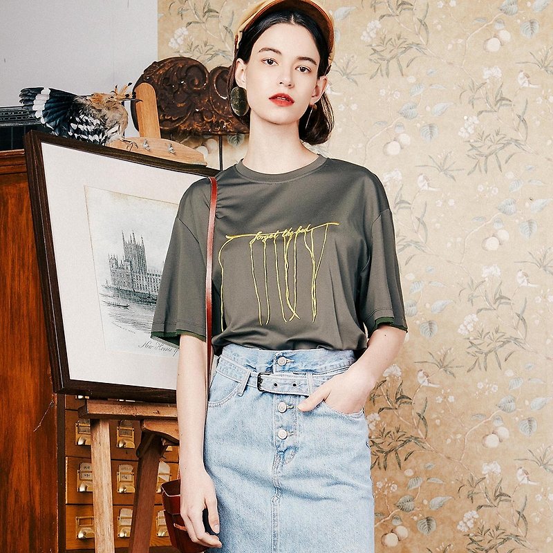 Annie Chen 2018 summer new literary women's pure color embroidery fringe T-shirt - Women's T-Shirts - Other Materials Green