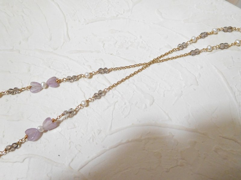 Cute lavender gray pearl bow love heart-shaped tassel necklace Y-chain reservation - Necklaces - Other Materials Purple