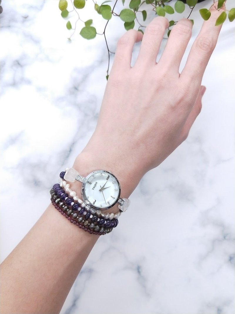 【獨一商品】天然紫水晶*珍珠*紅石榴石礦石手錶多圈手鍊 - 女錶 - 寶石 多色