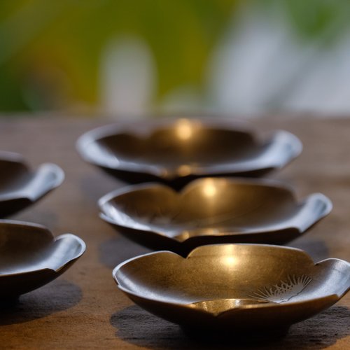 煎茶道具 錫器 唐物 錫 茶托 蓮形 乾茂號造 五客｜工芸品