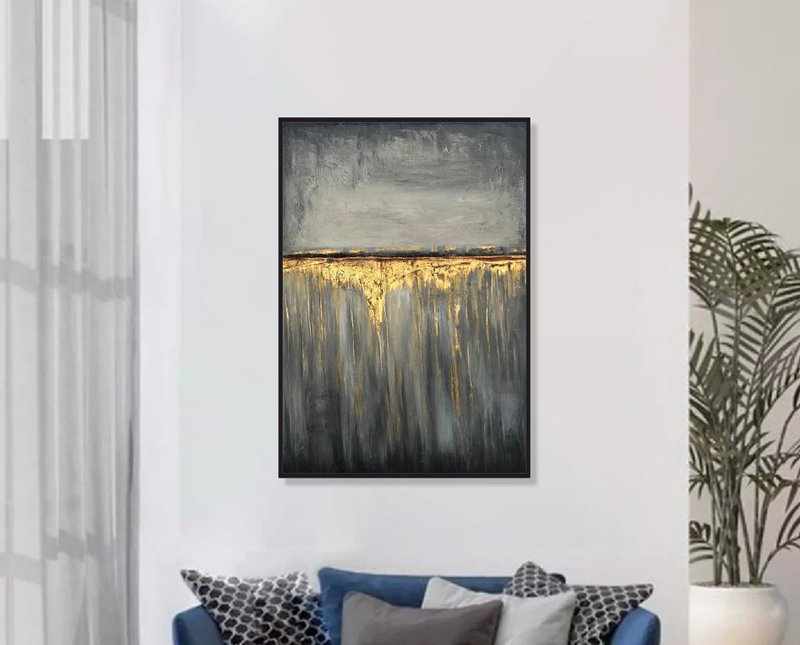 Large Abstract Grey Paintings On Canvas Gold Fine Art Minimalist Handmade Art - 壁貼/牆壁裝飾 - 壓克力 灰色