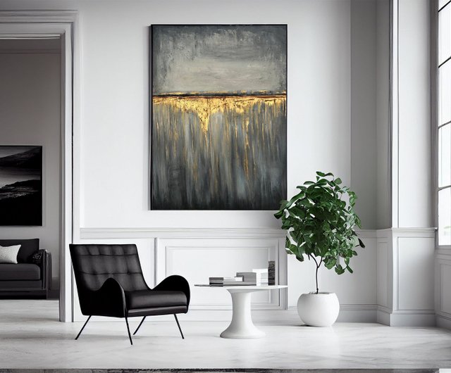 キャンバスに描かれた大きな抽象画 グレー ゴールド ファインアート