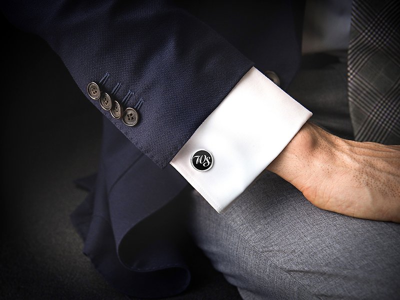 初始袖扣鈕扣 - 男士结婚袖扣 结婚袖扣 - 個性化袖扣刻有首字母 - 袖扣 - 純銀 黑色