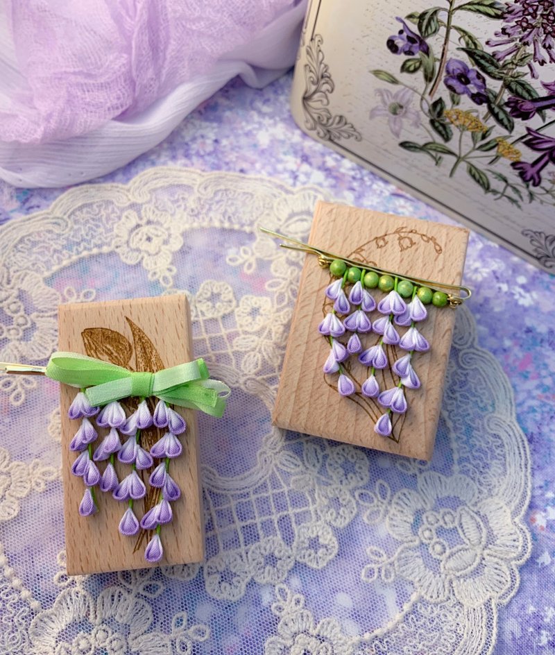 (紫藤 藤の花) 細工布花 一字髮夾 花簾 紫色優雅 つまみ細工 - 髮圈/髮夾 - 棉．麻 紫色