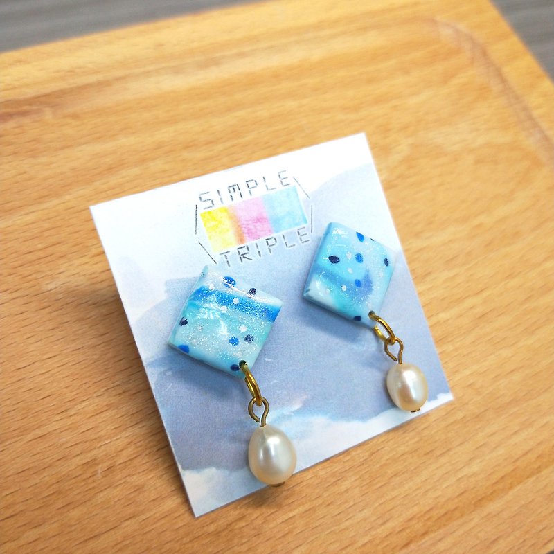 [Handmade soft pottery series] sea blue square (can be changed) - Earrings & Clip-ons - Clay 