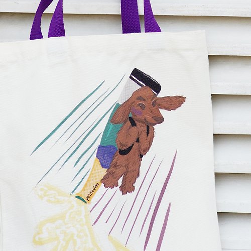 Petitevian 乘坐香檳火箭的小狗插畫 雙面插畫設計帆布袋 文青可愛臘腸犬袋