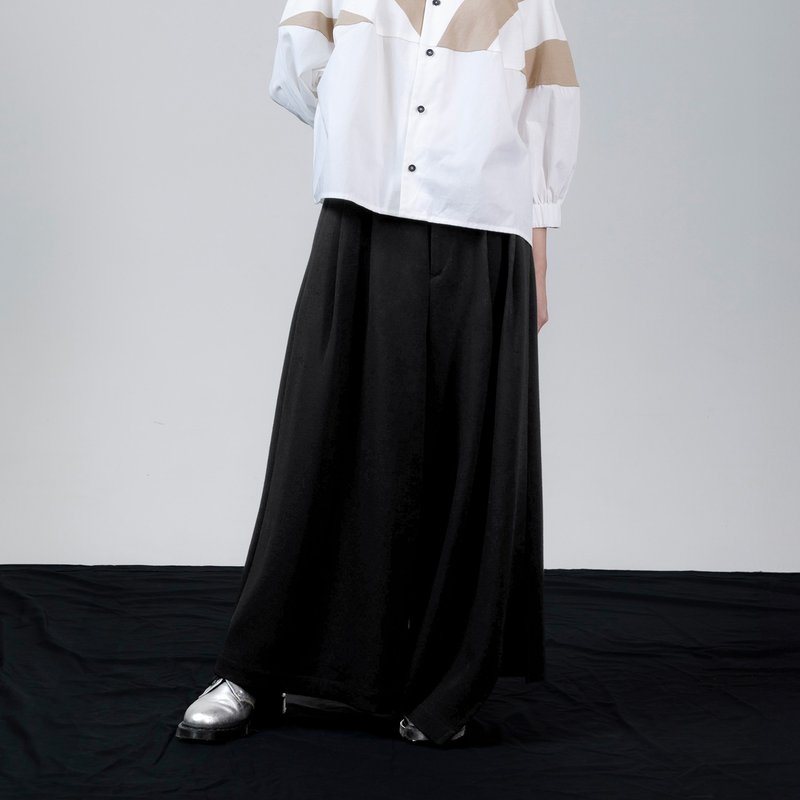 Drop hem asymmetric wool wide trousers - กางเกงขายาว - ขนแกะ สีดำ