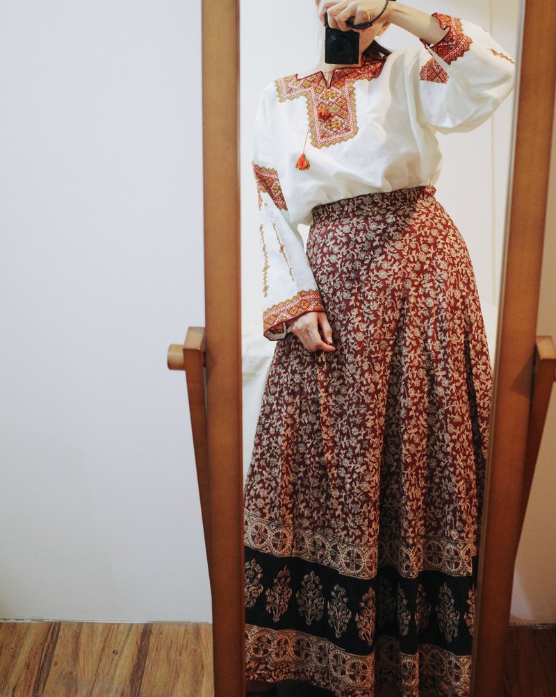 Vintage 70s old Indian hand-stamped one-piece strappy skirt - กระโปรง - ผ้าฝ้าย/ผ้าลินิน 