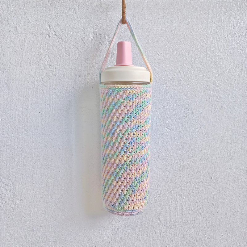 Gentle pink stretchable twill leather bottom woven cup bag pure cotton cup cover drink bag cup bag water bottle bag - ถุงใส่กระติกนำ้ - ผ้าฝ้าย/ผ้าลินิน สึชมพู