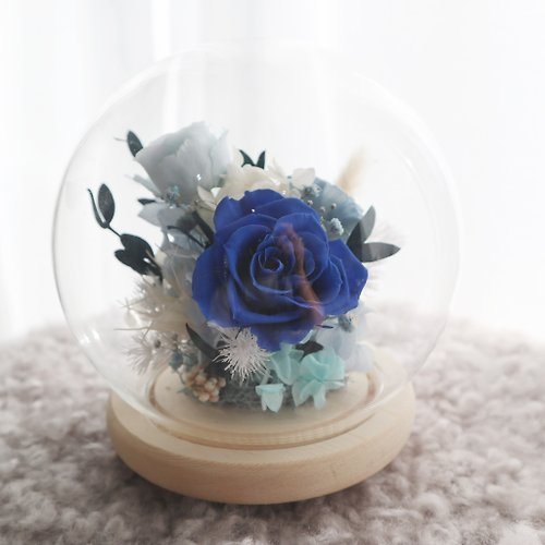 | 品樺花坊 | 不凋花 乾燥花 客製化 花禮 玻璃花盅 \ 藍色系永生玫瑰 浪漫夜燈球型花盅