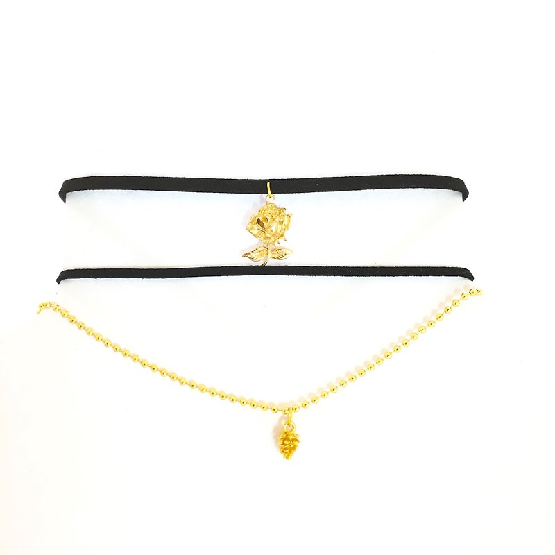 Golden Pine Cone Necklace & Golden Rose Flower Necklace (One Set) - สร้อยคอ - หนังแท้ สีทอง