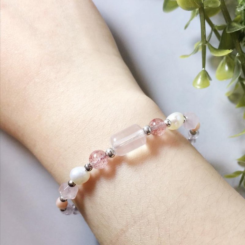 MH sterling silver natural stone custom series_谬思花园_粉晶_草莓水晶 - Bracelets - Gemstone Pink