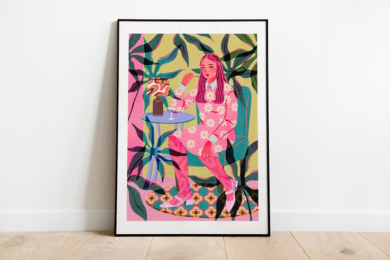 Girl drinking martini | A4 poster | Art print | - โปสเตอร์ - กระดาษ สึชมพู