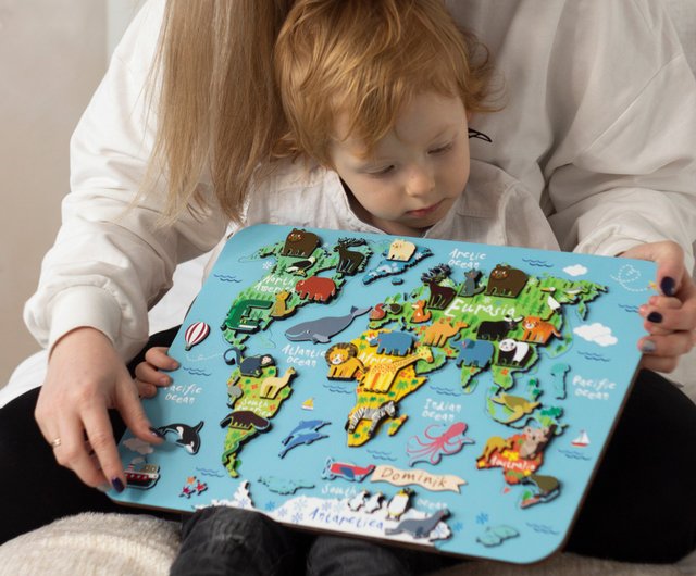 子供のための地図 動物の世界地図 木製パズル ショップ Puzzlemania 知育玩具 ぬいぐるみ Pinkoi