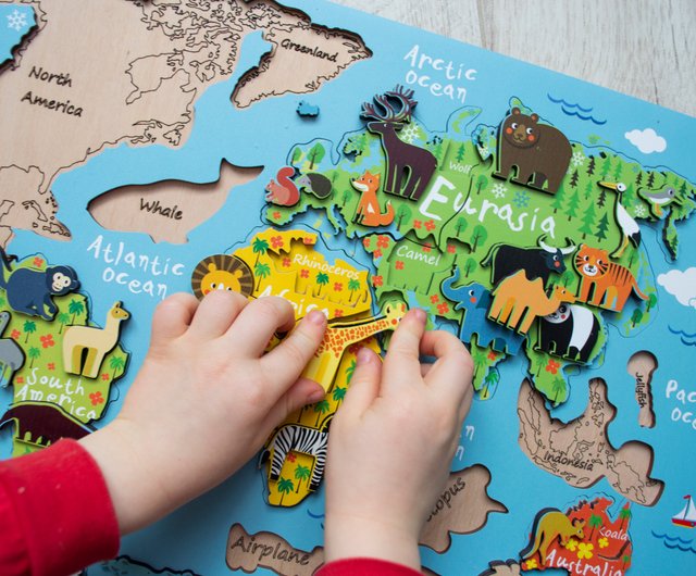 子供のための地図 動物の世界地図 木製パズル ショップ Puzzlemania 知育玩具 ぬいぐるみ Pinkoi