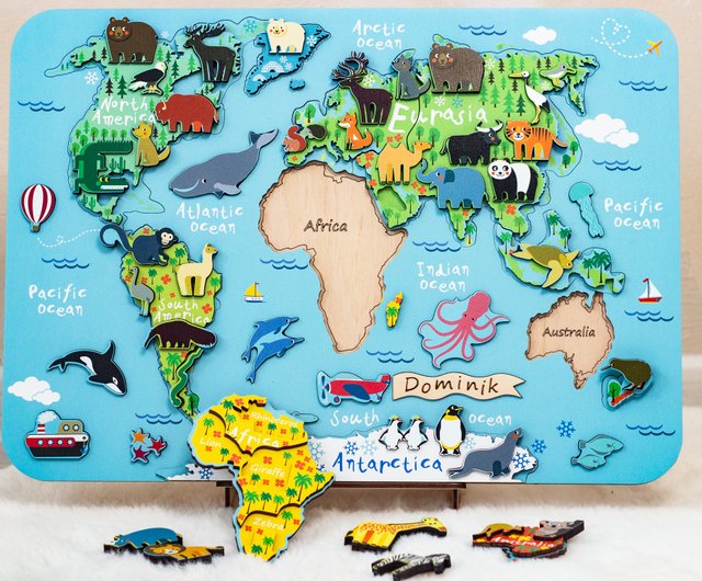 子供のための地図 動物の世界地図 木製パズル ショップ Puzzlemania 知育玩具 ぬいぐるみ Pinkoi