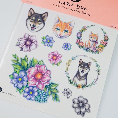 ╰ LAZY DUO TATTOO ╮ 手繪水彩動物紋身貼紙簡約小清新花草微刺青可愛唯美花貓柴犬寵物