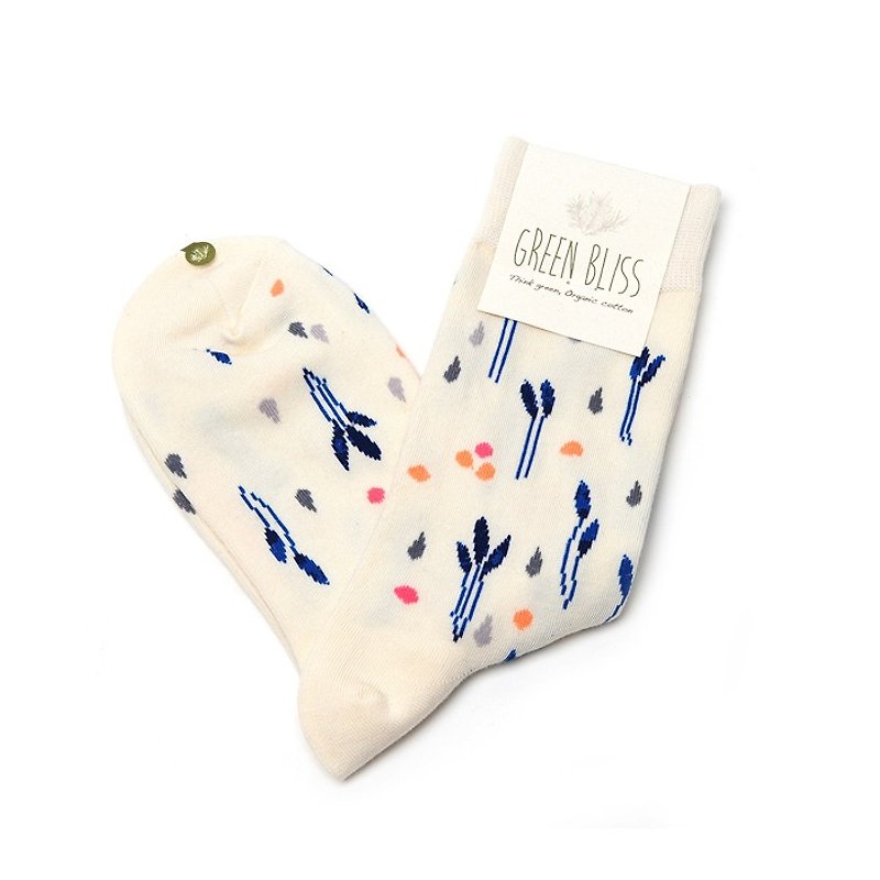 GREEN BLISS organic cotton socks - [joint series] MiA - Spring rain2 spring rain (dark blue leaf) stockings (male / female) - Socks - Cotton & Hemp White