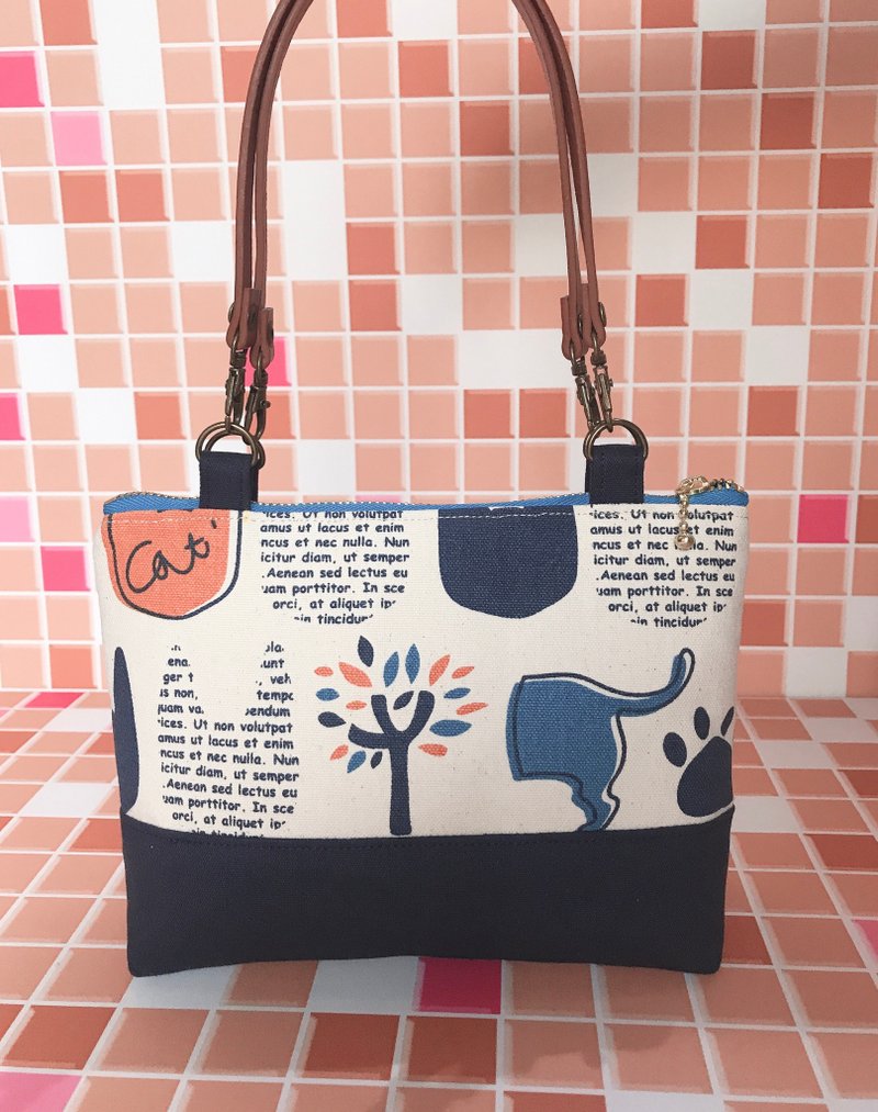 [Styling handbag] blue and orange mixed color cool cat pure cotton thick canvas - Clutch Bags - Cotton & Hemp Orange