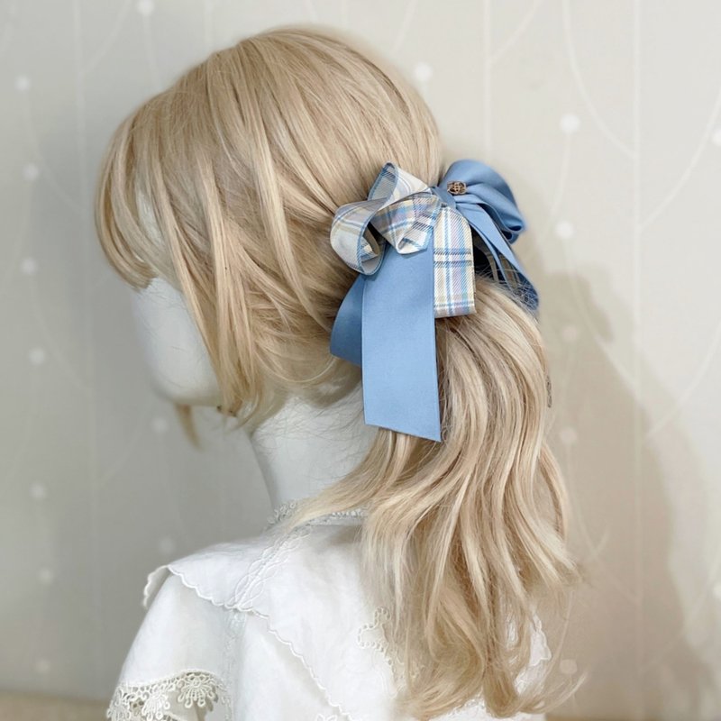 Plaid Bow Banana Clip, Fairy Clip, Hair Tie, Ponytail Holder, Shark Clip, Side Clip, Hair Fork, Spring Clip - เครื่องประดับผม - วัสดุอื่นๆ สีน้ำเงิน