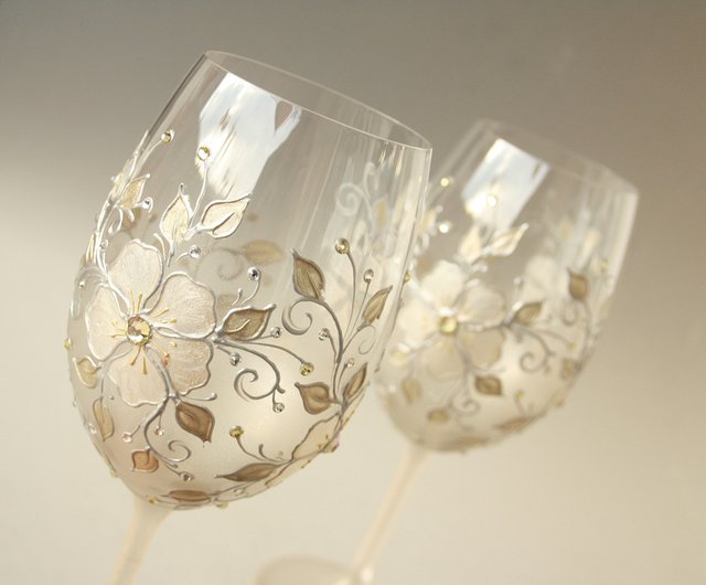 Blue Flowers Wine Glasses, Swarovski Crystals Hand-paintedsetof 2 - Shop  NeA Glass Bar Glasses & Drinkware - Pinkoi