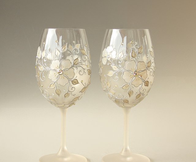 Blue Flowers Wine Glasses, Swarovski Crystals Hand-paintedsetof 2 - Shop  NeA Glass Bar Glasses & Drinkware - Pinkoi