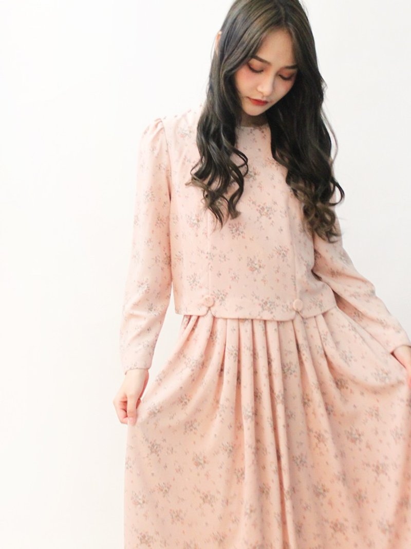 日本製復古粉色小花假兩件長袖古著洋裝 Japanese Vintage Dress - 連身裙 - 聚酯纖維 粉紅色