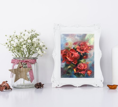 薔薇花瓶 油彩画 装飾フレーム付き