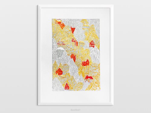 daashart 凹版印刷有紅房子和白雪的秋天森林假日牆藝術