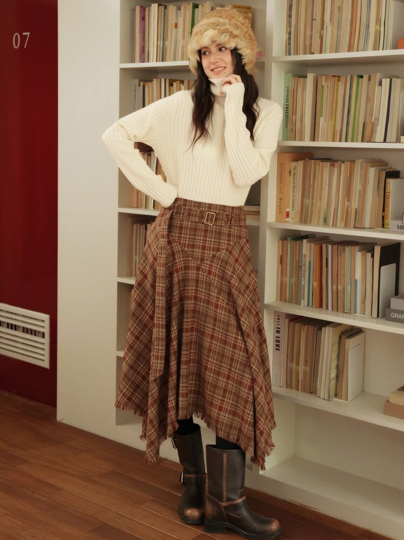 Ankola red and Brown plaid a little wandering skirt irregular large umbrella skirt A-line skirt autumn and winter long skirt - กระโปรง - ไฟเบอร์อื่นๆ สีแดง