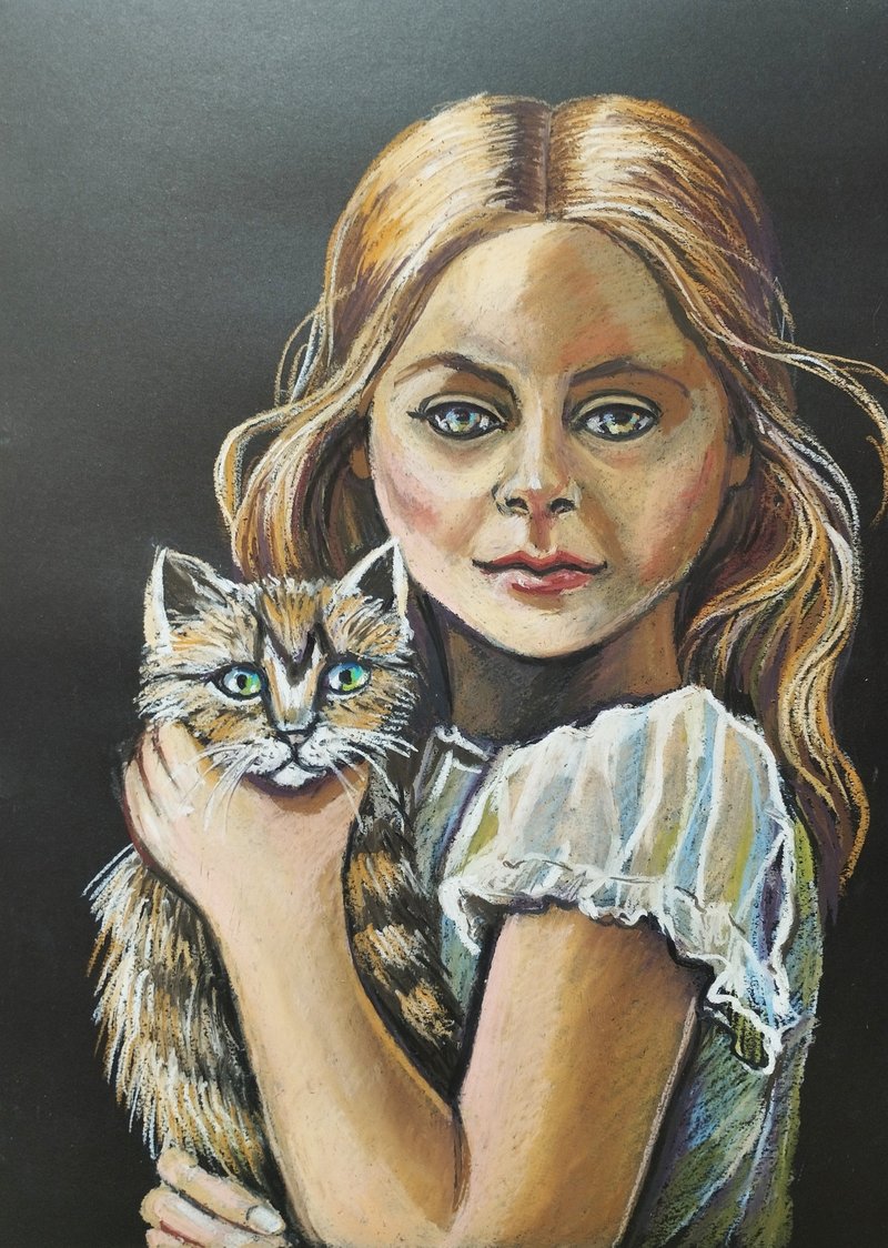 Girl with a kitten, children's painting nature pastel drawing beautiful girl art - ตกแต่งผนัง - กระดาษ สีนำ้ตาล