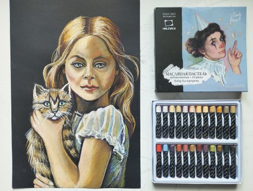 子猫を持つ少女、子供の絵画自然パステル画美しい女の子のアート