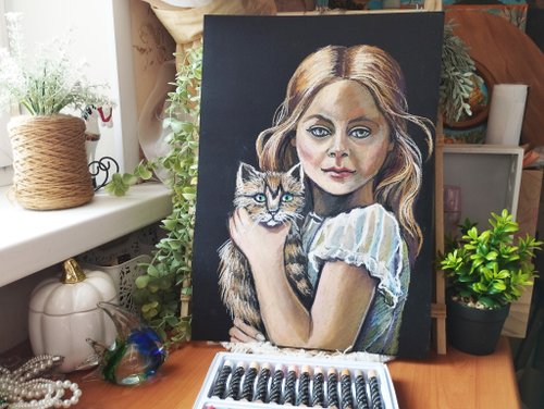 パステル画 少女の絵画 少女像のある広場（パステル画）