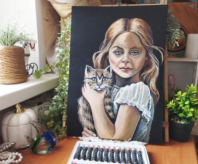 子猫を持つ少女、子供の絵画自然パステル画美しい女の子のアート - ショップ Nadinart ウォールデコ・壁紙 - Pinkoi