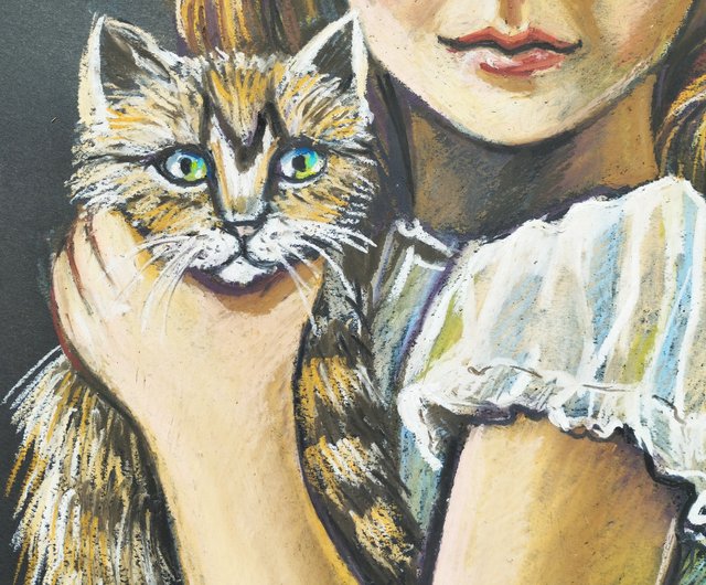 子猫を持つ少女、子供の絵画自然パステル画美しい女の子のアート - ショップ Nadinart ウォールデコ・壁紙 - Pinkoi