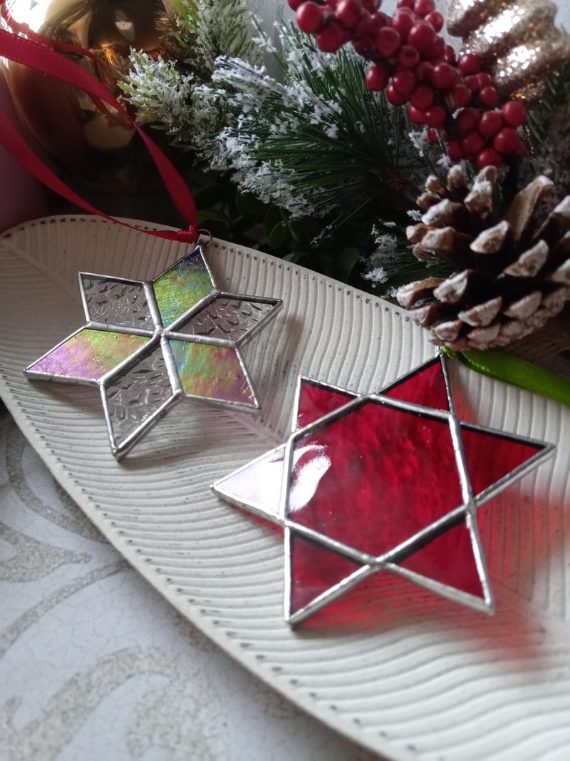Set of 2 snowflake suncatchers merkaba christmas ornaments, simple stained glass - 其他 - 玻璃 多色