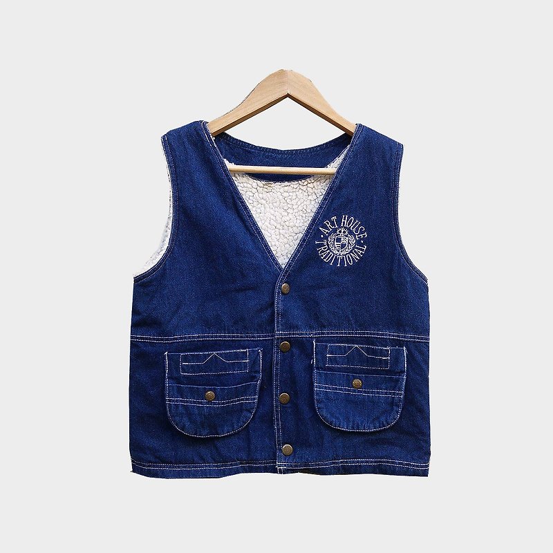 Dislocation vintage / cowboy lamb vest no.A84 vintage - เสื้อกั๊กผู้หญิง - ผ้าฝ้าย/ผ้าลินิน สีน้ำเงิน