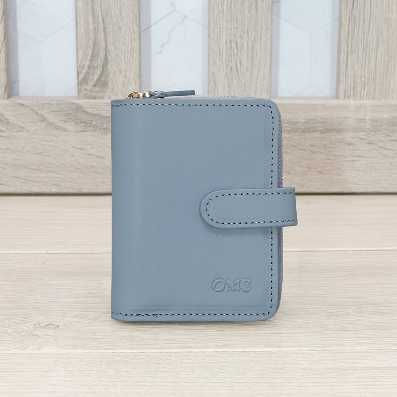 微NG新品-亞麻藍-歐洲植鞣革文青豎款活頁牛皮短夾94161 - 錢包/皮夾/長短夾 - 真皮 