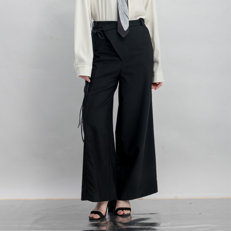 INF 不對稱門襟擋片印花寬褲 - 女長褲 - 聚酯纖維 黑色