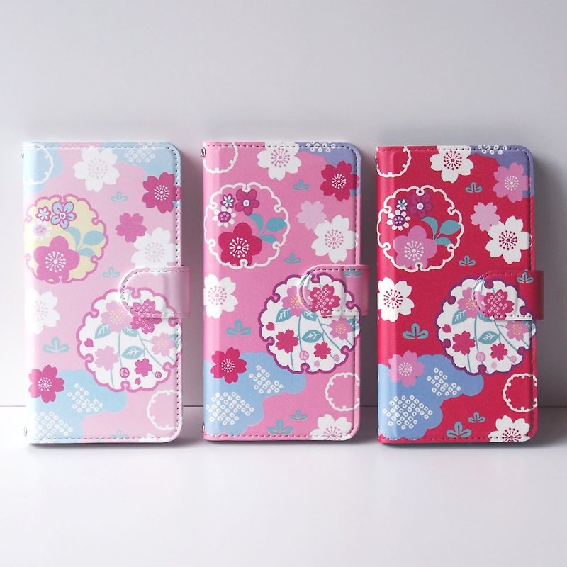 Notebook type phone case - Japanese Cherry Blossoms and Snowy Crystals - - Phone Cases - Faux Leather Pink