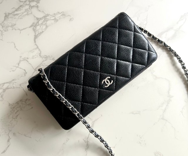 Second hand Chanel black caviar leather WOC long clip wallet cross body side shoulder chain handbag Shop LA LUNE Vintage Antiques from Japan Messenger Bags Sling Bags Pinkoi