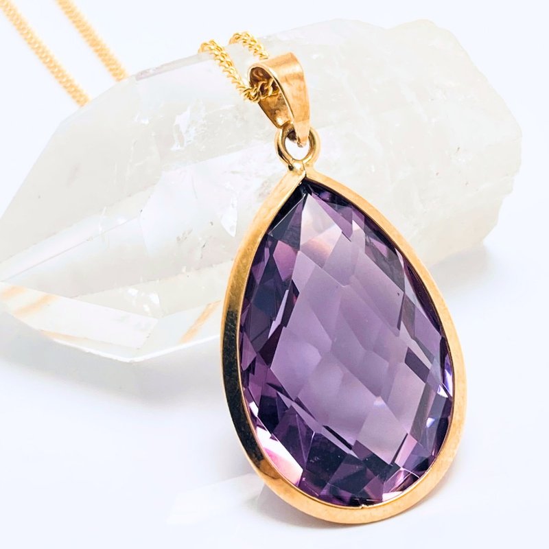 26mm Sparkling Amethyst K18 K18GP Natural Stone Pendant Necklace - Sparkling M - สร้อยคอ - หิน สีม่วง