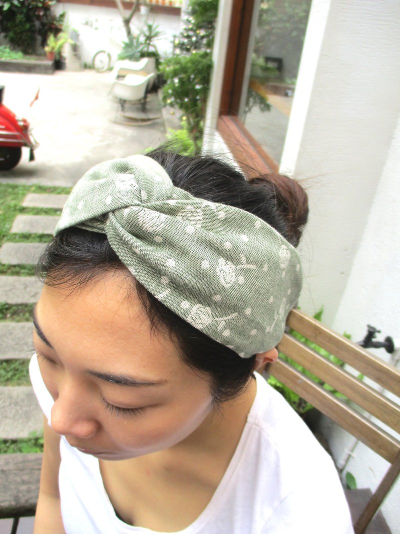Cross hair band (elastic handmade) - Japanese Green Rose - Hair Accessories - Cotton & Hemp Green