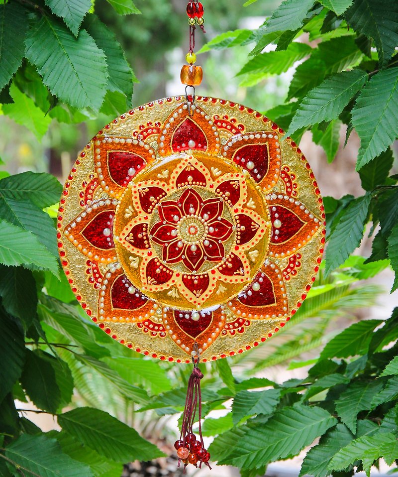 Mandala Glass Painted Art Bright Home Decor Gold Wall Panel Colorful Hanging - Wall Décor - Glass Gold