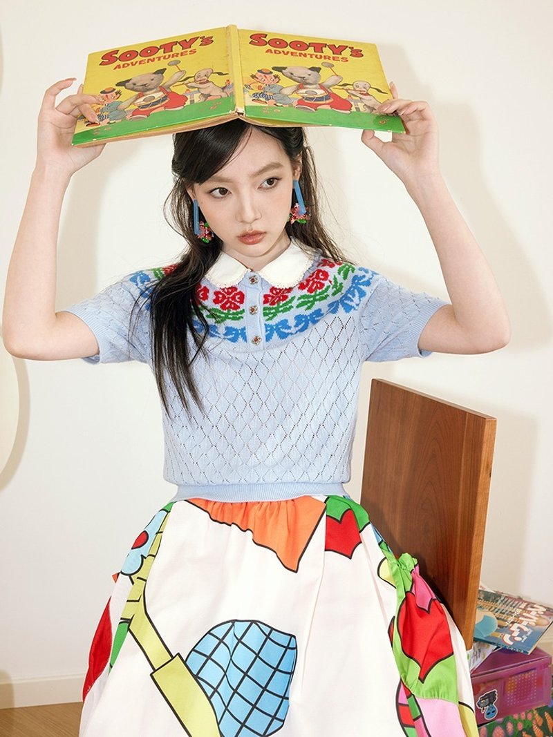 アウトレット品  レトロなニットポロ半袖ドールカラー - 女 T 恤 - 其他材質 藍色