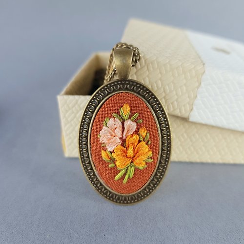 Embroidery Dreams Ribbon embroidered pendant for her, hand embroidered jewelry necklace