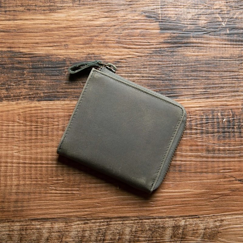 TIDY mini, nuanced color, mini wallet, organize, grow wallet, L-shaped zipper, leather, Japan, name engraving, Olive - Wallets - Genuine Leather Green