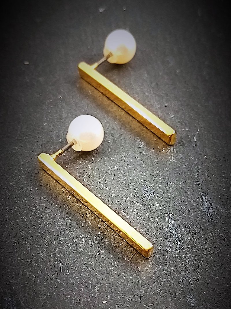 freeshipping Square bar shellfish pearl earrings - Earrings & Clip-ons - Other Metals Gold